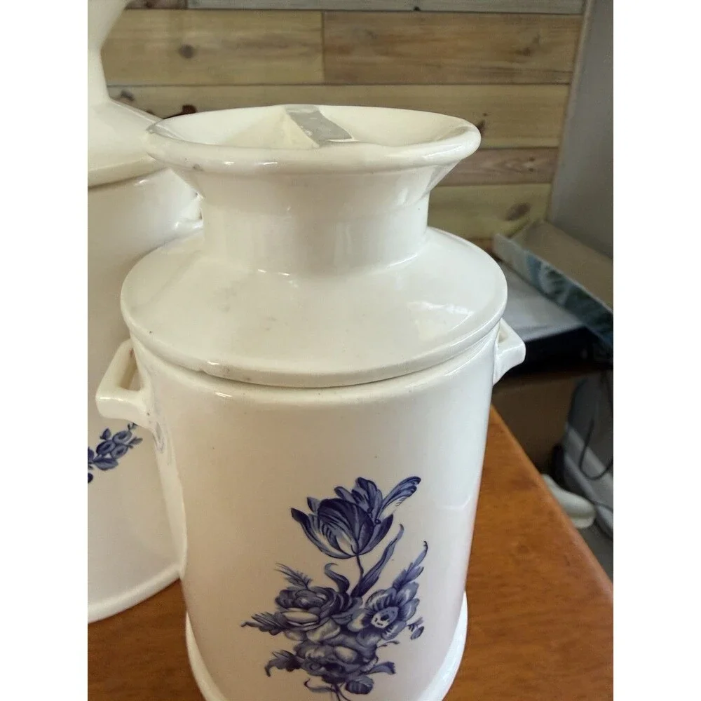 Set of 3 Ceramic Blue Floral on White Pattern Milk Can Style Canister Cookie Jar